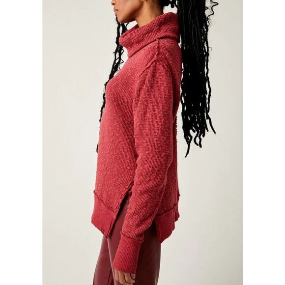 Free People We The Free Waffle Knit Turtleneck Sweater Side Slit Muted Red XS - Picture 4 of 12